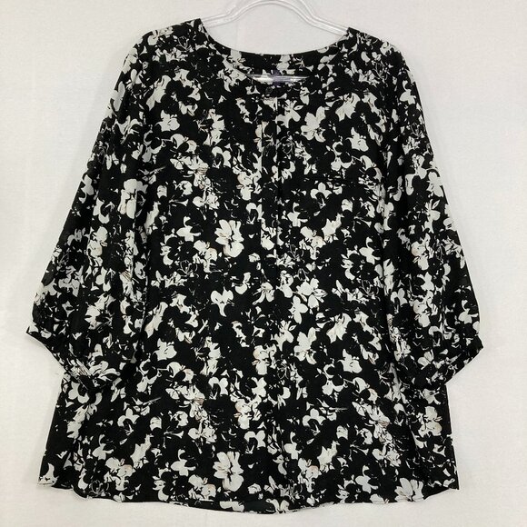 NYDJ size 2X Black White Floral Popover 3/4 Sleeve Blouse Office Business - Picture 1 of 9